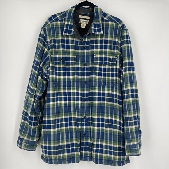 LL Bean Mens Lg Flannel Sherpa Lined Shirt Blue Plaid Jacket Traditional Fit - Picture 1 of 7